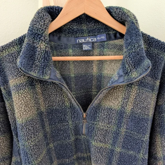 Vintage Collared Plaid Fleece Quarter-Zip Pullover Jacket In Navy/Forest Green
